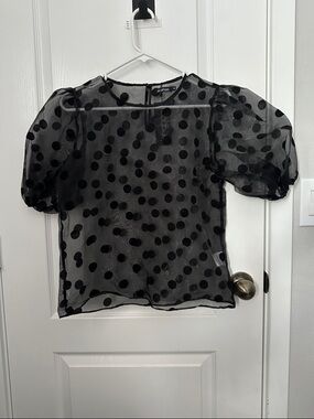 Boohoo Black Sheer Polka Dot Puff Sleeve Top